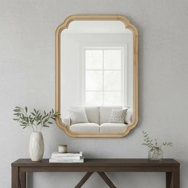 Main image of Natural Wood Color 24" x 36" Solid Wood Frame Rounded Corner Decorative Mirror, For Bedroom, Bathroom, Living Room, Entryway