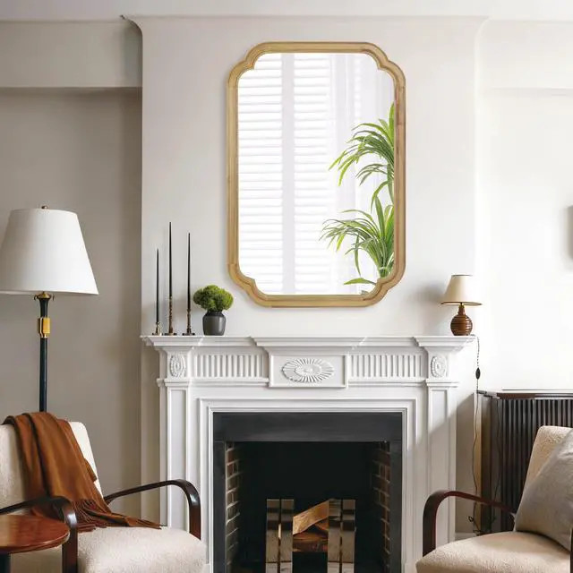 Alt view image 2 of 7 - Natural Wood Color 24" x 36" Solid Wood Frame Rounded Corner Decorative Mirror, For Bedroom, Bathroom, Living Room, Entryway