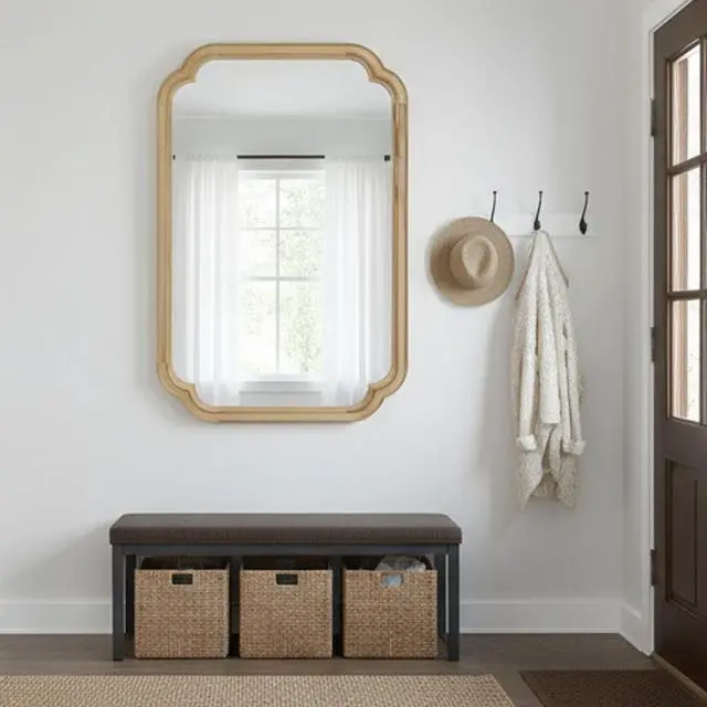Alt view image 3 of 7 - Natural Wood Color 24" x 36" Solid Wood Frame Rounded Corner Decorative Mirror, For Bedroom, Bathroom, Living Room, Entryway