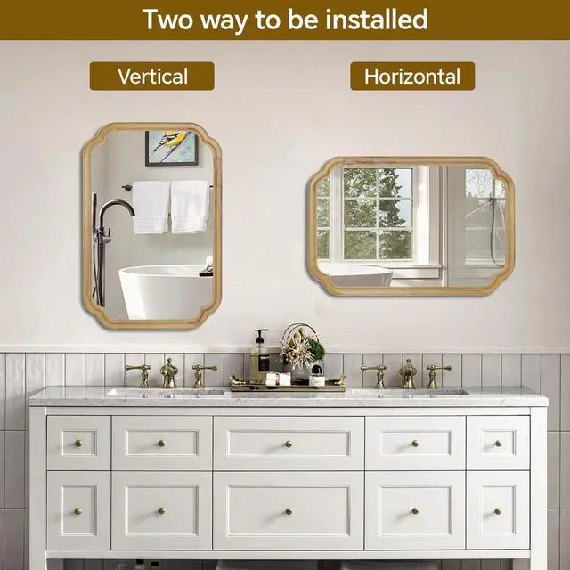 Alt view image 6 of 7 - Natural Wood Color 24" x 36" Solid Wood Frame Rounded Corner Decorative Mirror, For Bedroom, Bathroom, Living Room, Entryway
