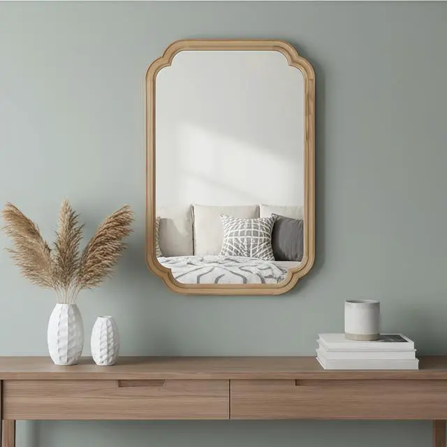 Alt view image 4 of 7 - Natural Wood Color 24" x 36" Solid Wood Frame Rounded Corner Decorative Mirror, For Bedroom, Bathroom, Living Room, Entryway