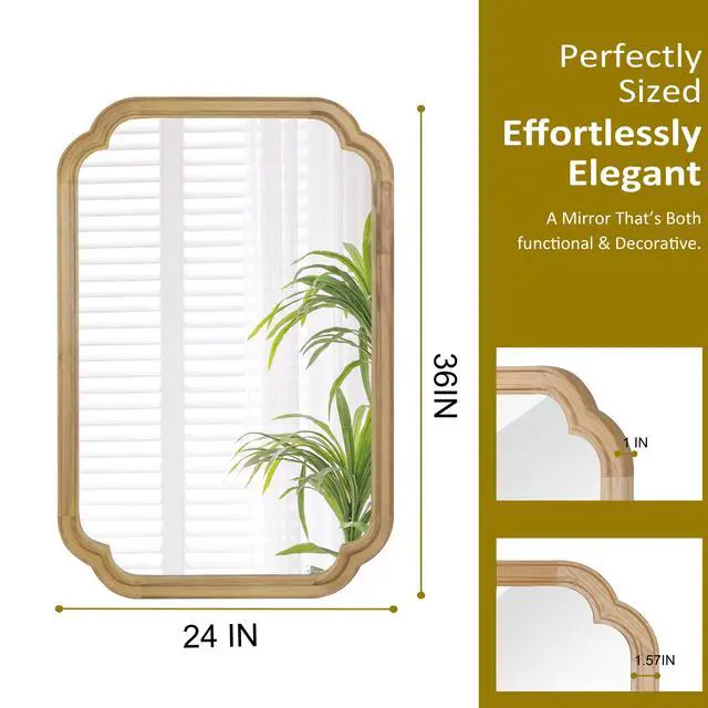 Alt view image 7 of 7 - Natural Wood Color 24" x 36" Solid Wood Frame Rounded Corner Decorative Mirror, For Bedroom, Bathroom, Living Room, Entryway