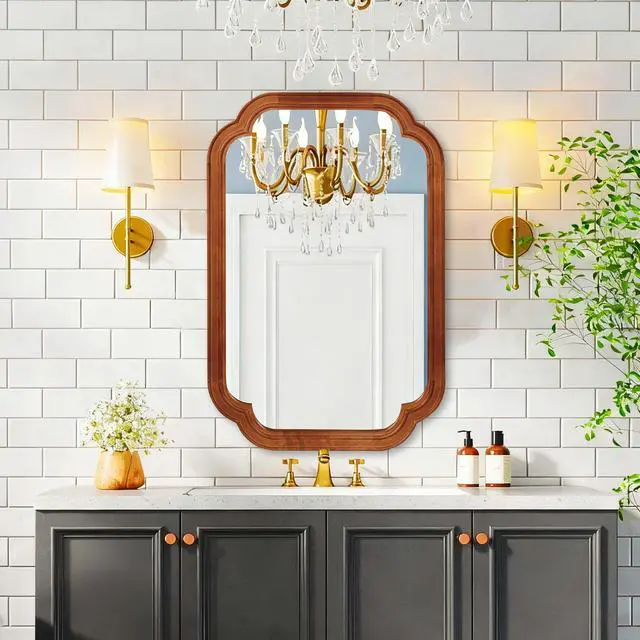 Alt view image 2 of 7 - Yellowish Brown Color 24" x 36" Solid Wood Frame Rounded Corner Decorative Mirror, For Bedroom, Bathroom, Living Room, Entryway
