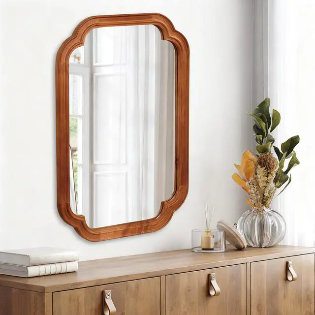 Alt view image 3 of 7 - Yellowish Brown Color 24" x 36" Solid Wood Frame Rounded Corner Decorative Mirror, For Bedroom, Bathroom, Living Room, Entryway