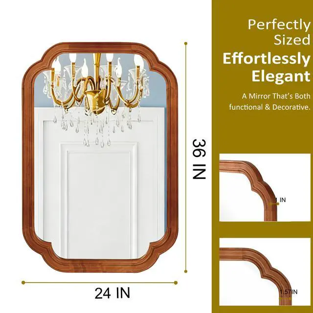 Alt view image 5 of 7 - Yellowish Brown Color 24" x 36" Solid Wood Frame Rounded Corner Decorative Mirror, For Bedroom, Bathroom, Living Room, Entryway