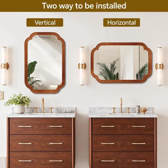 Alt view image 4 of 7 - Yellowish Brown Color 24" x 36" Solid Wood Frame Rounded Corner Decorative Mirror, For Bedroom, Bathroom, Living Room, Entryway