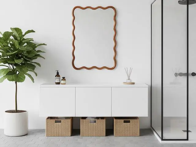 Alt view image 3 of 7 - Yellowish Brown 20"x30" Wavy Rectangle Solid Wood Frame Decorative Mirror,For Bedroom, Bathroom, Living Room, Entryway