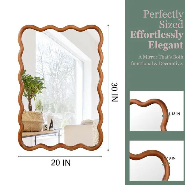 Alt view image 4 of 7 - Yellowish Brown 20"x30" Wavy Rectangle Solid Wood Frame Decorative Mirror,For Bedroom, Bathroom, Living Room, Entryway