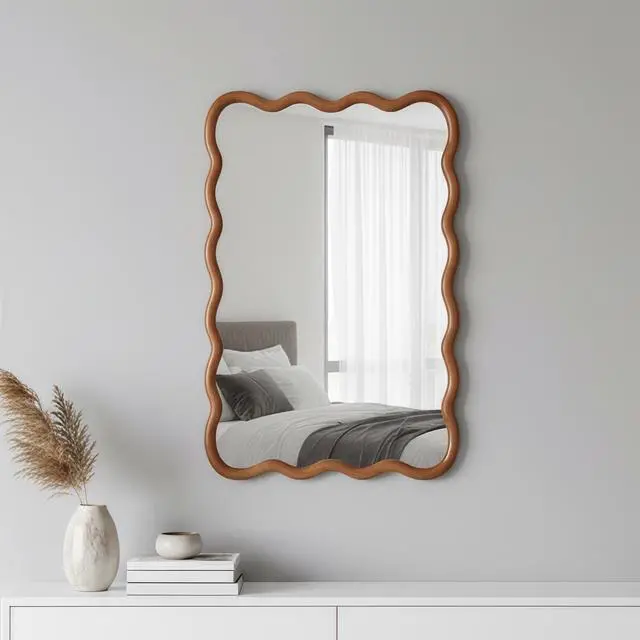 Alt view image 7 of 7 - Yellowish Brown 20"x30" Wavy Rectangle Solid Wood Frame Decorative Mirror,For Bedroom, Bathroom, Living Room, Entryway