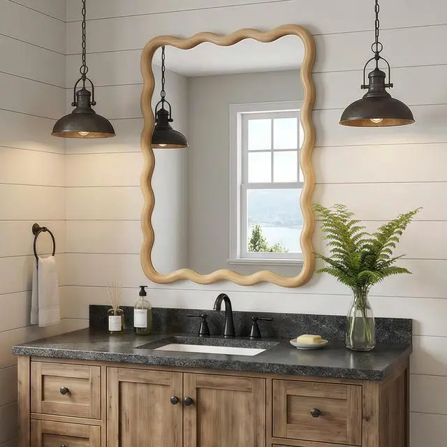 Alt view image 2 of 7 - Oak Color 20"x30" Wavy Rectangle Solid Wood Frame Decorative Mirror,For Bedroom, Bathroom, Living Room, Entryway