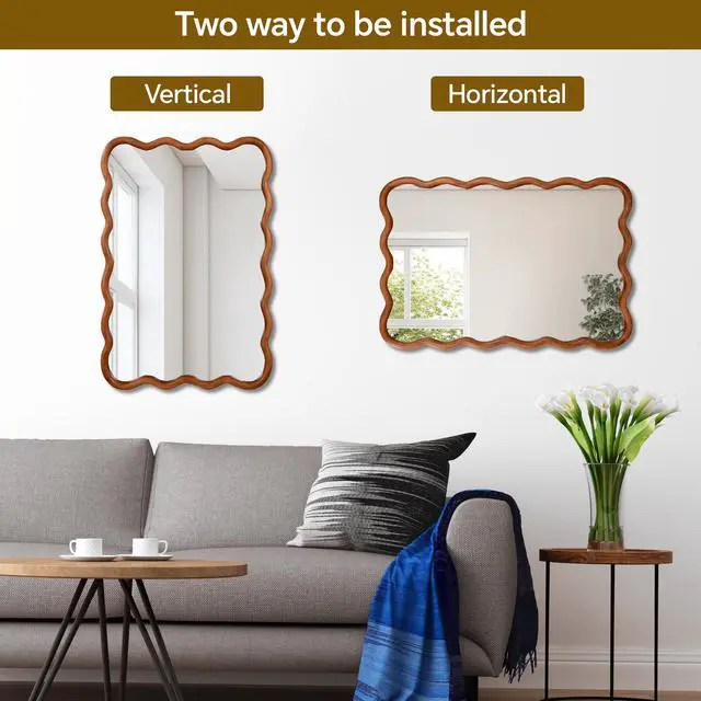 Alt view image 5 of 7 - Yellowish Brown 20"x30" Wavy Rectangle Solid Wood Frame Decorative Mirror,For Bedroom, Bathroom, Living Room, Entryway