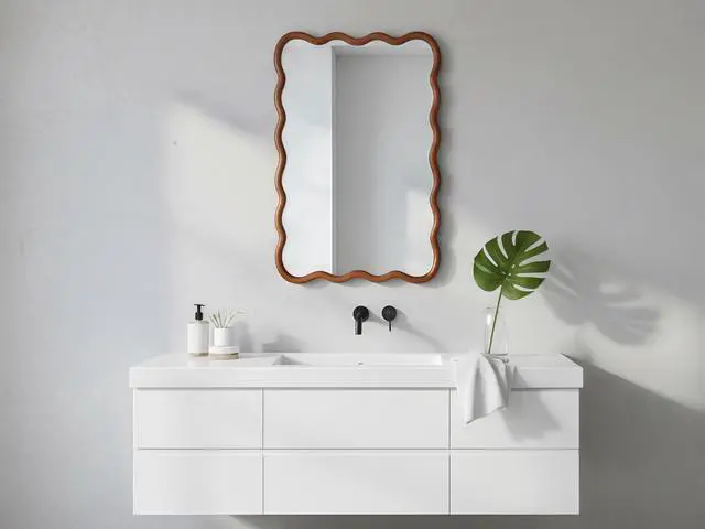 Alt view image 2 of 7 - Yellowish Brown 20"x30" Wavy Rectangle Solid Wood Frame Decorative Mirror,For Bedroom, Bathroom, Living Room, Entryway