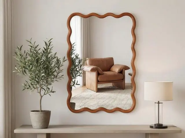 Main image of Yellowish Brown 20"x30" Wavy Rectangle Solid Wood Frame Decorative Mirror,For Bedroom, Bathroom, Living Room, Entryway