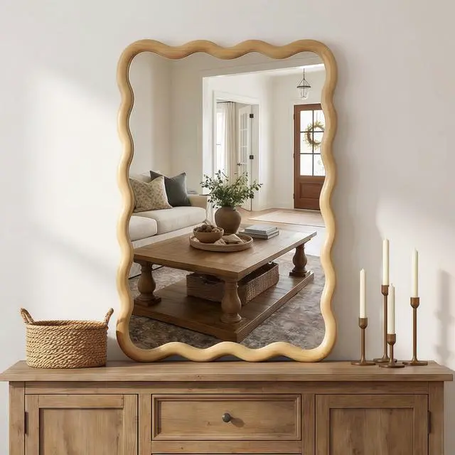 Main image of Oak Color 20"x30" Wavy Rectangle Solid Wood Frame Decorative Mirror,For Bedroom, Bathroom, Living Room, Entryway