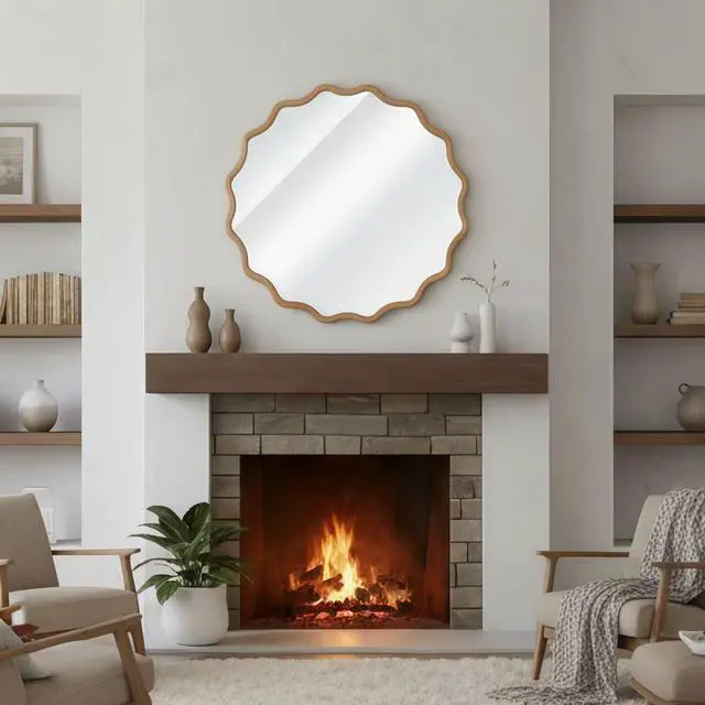 Alt view image 2 of 7 - Natural Wood Color 24 inch Wavy Round Solid Wood Frame Decorative Mirror,For Bedroom, Bathroom, Living Room, Entryway