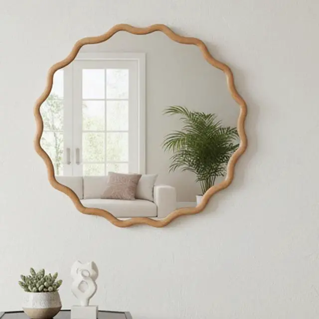 Main image of Natural Wood Color 24 inch Wavy Round Solid Wood Frame Decorative Mirror,For Bedroom, Bathroom, Living Room, Entryway