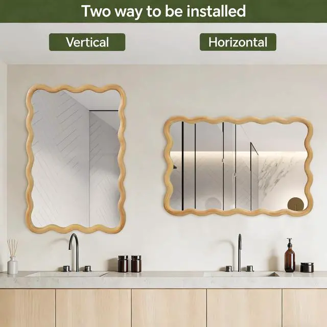 Alt view image 5 of 7 - Oak Color 20"x30" Wavy Rectangle Solid Wood Frame Decorative Mirror,For Bedroom, Bathroom, Living Room, Entryway
