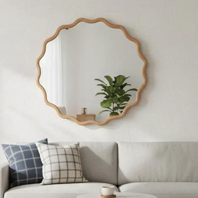 Alt view image 3 of 7 - Natural Wood Color 24 inch Wavy Round Solid Wood Frame Decorative Mirror,For Bedroom, Bathroom, Living Room, Entryway