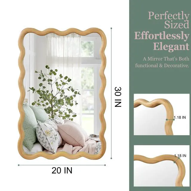 Alt view image 4 of 7 - Oak Color 20"x30" Wavy Rectangle Solid Wood Frame Decorative Mirror,For Bedroom, Bathroom, Living Room, Entryway