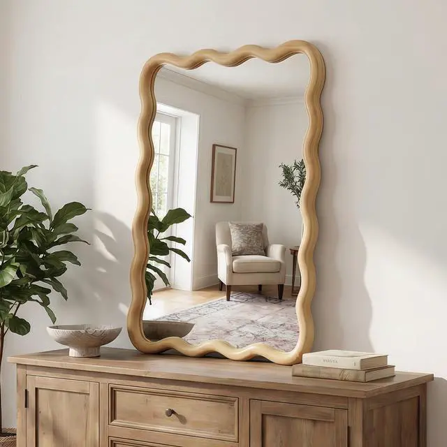 Alt view image 3 of 7 - Oak Color 20"x30" Wavy Rectangle Solid Wood Frame Decorative Mirror,For Bedroom, Bathroom, Living Room, Entryway