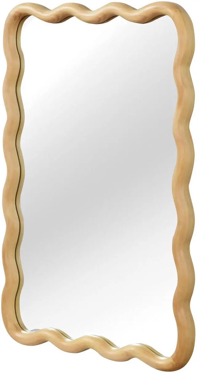 Alt view image 7 of 7 - Oak Color 20"x30" Wavy Rectangle Solid Wood Frame Decorative Mirror,For Bedroom, Bathroom, Living Room, Entryway