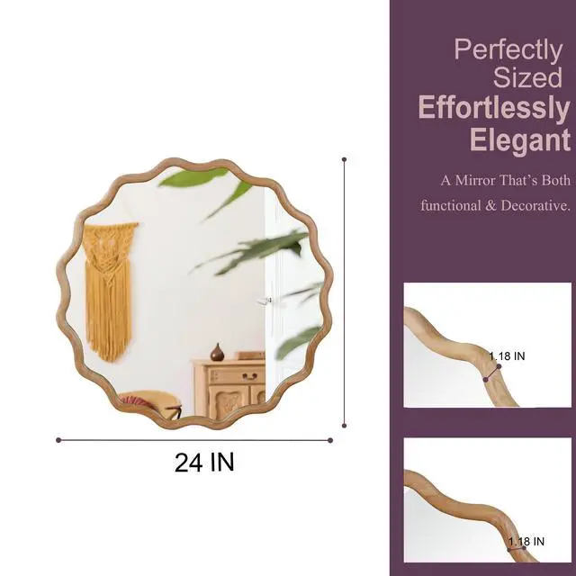 Alt view image 4 of 7 - Natural Wood Color 24 inch Wavy Round Solid Wood Frame Decorative Mirror,For Bedroom, Bathroom, Living Room, Entryway