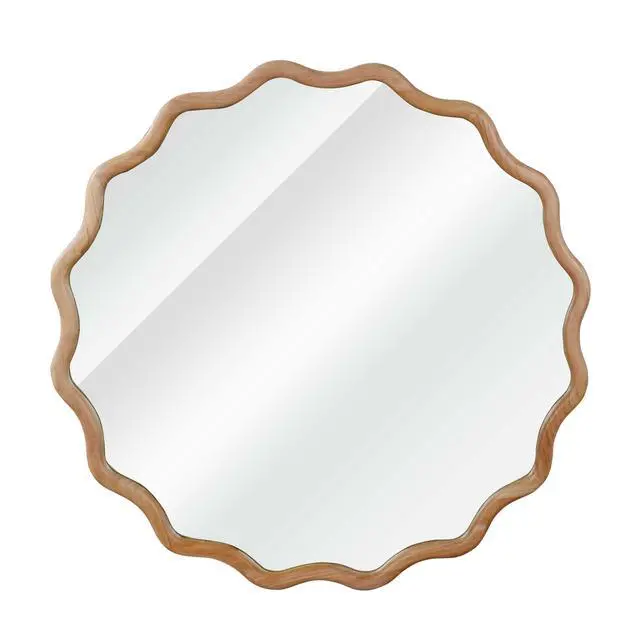 Alt view image 5 of 7 - Natural Wood Color 24 inch Wavy Round Solid Wood Frame Decorative Mirror,For Bedroom, Bathroom, Living Room, Entryway