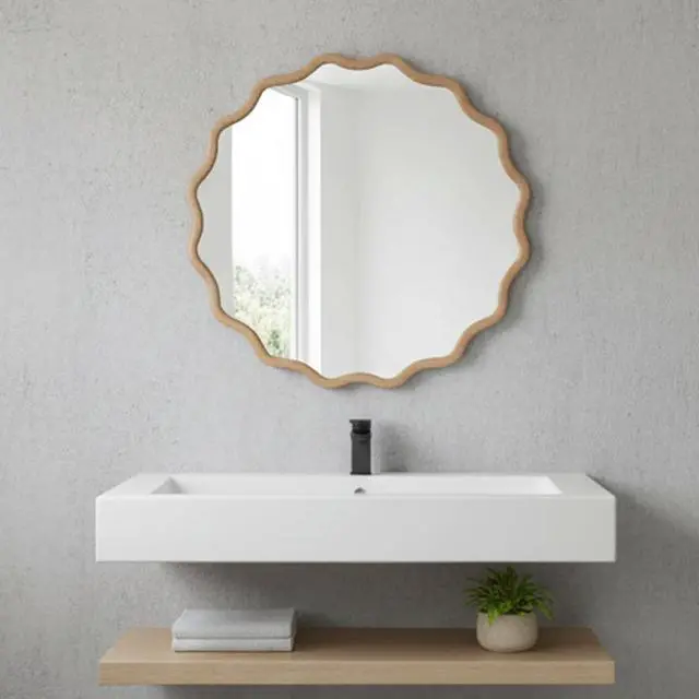Alt view image 7 of 7 - Natural Wood Color 24 inch Wavy Round Solid Wood Frame Decorative Mirror,For Bedroom, Bathroom, Living Room, Entryway