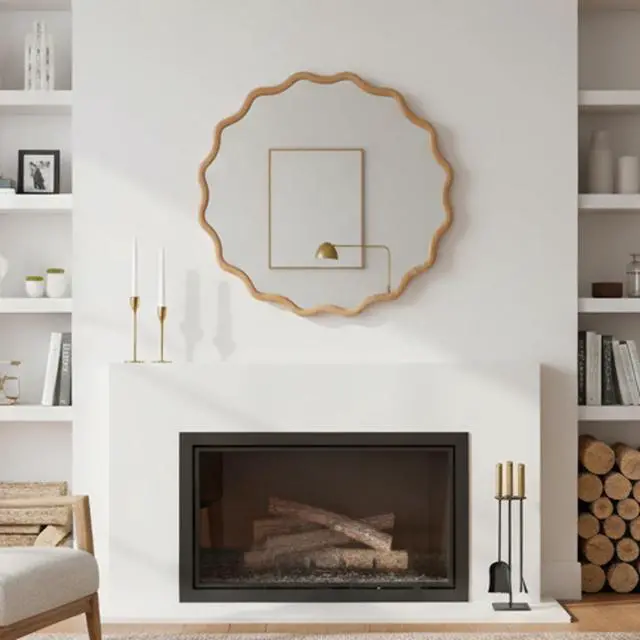 Alt view image 6 of 7 - Natural Wood Color 24 inch Wavy Round Solid Wood Frame Decorative Mirror,For Bedroom, Bathroom, Living Room, Entryway