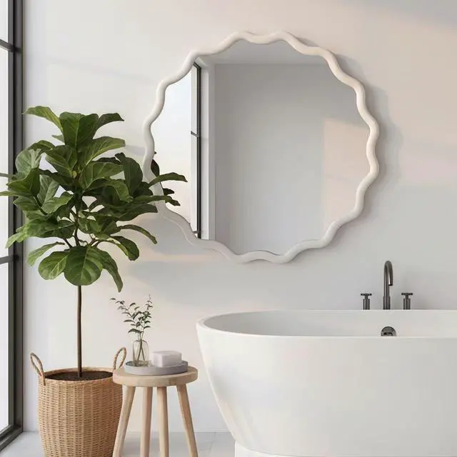 Alt view image 3 of 7 - White 24 inch Wavy Round Solid Wood Frame Decorative Mirror,For Bedroom, Bathroom, Living Room, Entryway