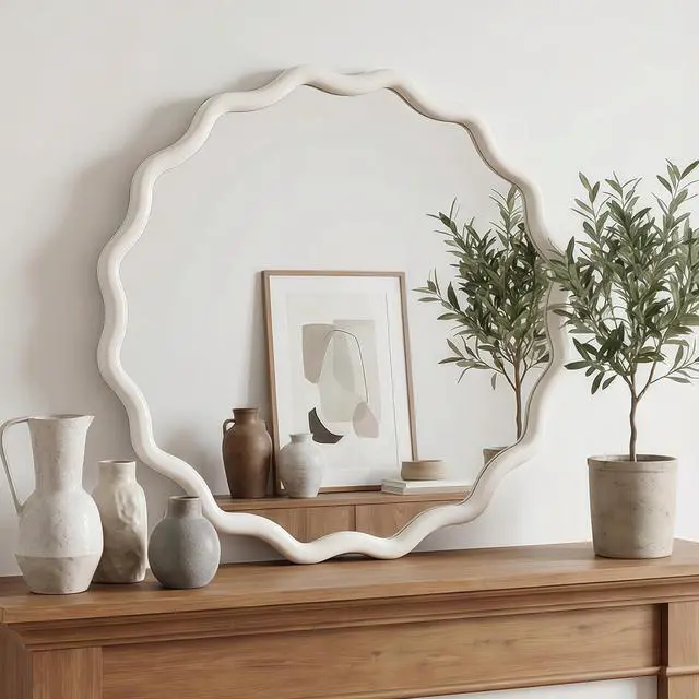 Main image of White 24 inch Wavy Round Solid Wood Frame Decorative Mirror,For Bedroom, Bathroom, Living Room, Entryway