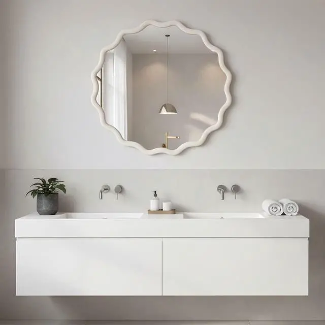 Alt view image 7 of 7 - White 24 inch Wavy Round Solid Wood Frame Decorative Mirror,For Bedroom, Bathroom, Living Room, Entryway