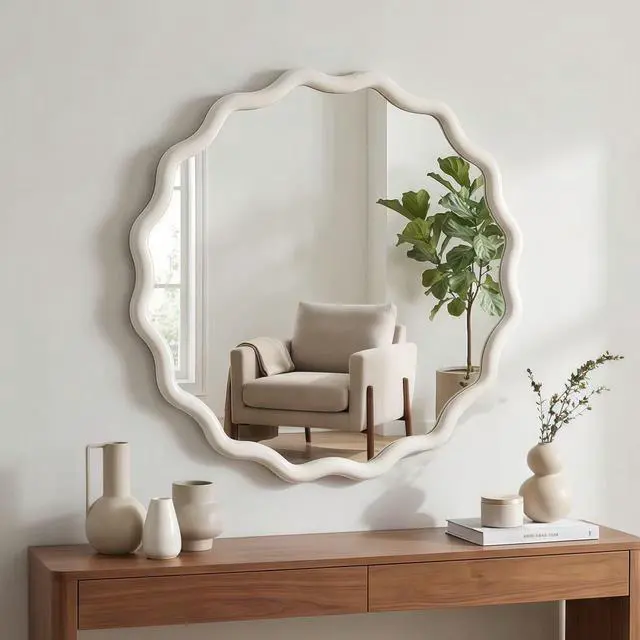 Alt view image 6 of 7 - White 24 inch Wavy Round Solid Wood Frame Decorative Mirror,For Bedroom, Bathroom, Living Room, Entryway