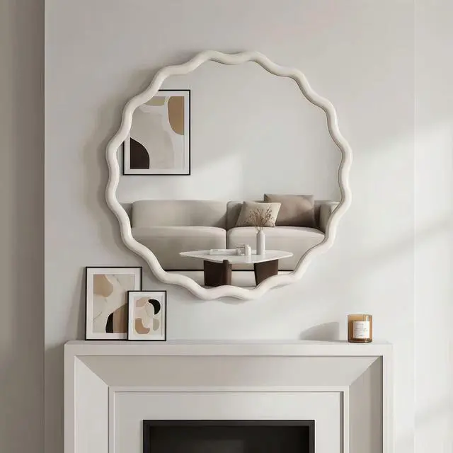 Alt view image 2 of 7 - White 24 inch Wavy Round Solid Wood Frame Decorative Mirror,For Bedroom, Bathroom, Living Room, Entryway