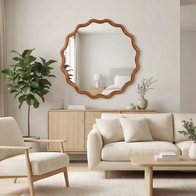 Main image of Yellowish Brown 24 inch Wavy Round Solid Wood Frame Decorative Mirror,For Bedroom, Bathroom, Living Room, Entryway