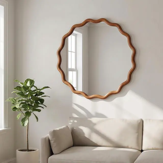 Alt view image 2 of 7 - Yellowish Brown 24 inch Wavy Round Solid Wood Frame Decorative Mirror,For Bedroom, Bathroom, Living Room, Entryway