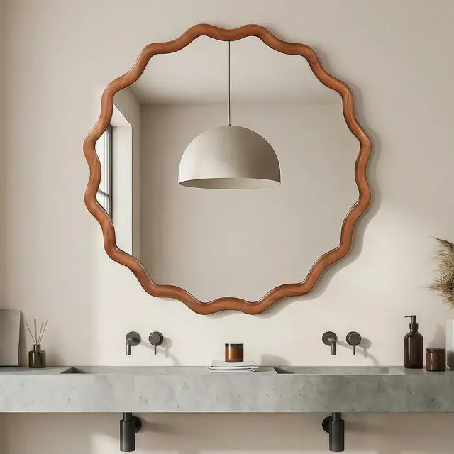 Alt view image 3 of 7 - Yellowish Brown 24 inch Wavy Round Solid Wood Frame Decorative Mirror,For Bedroom, Bathroom, Living Room, Entryway