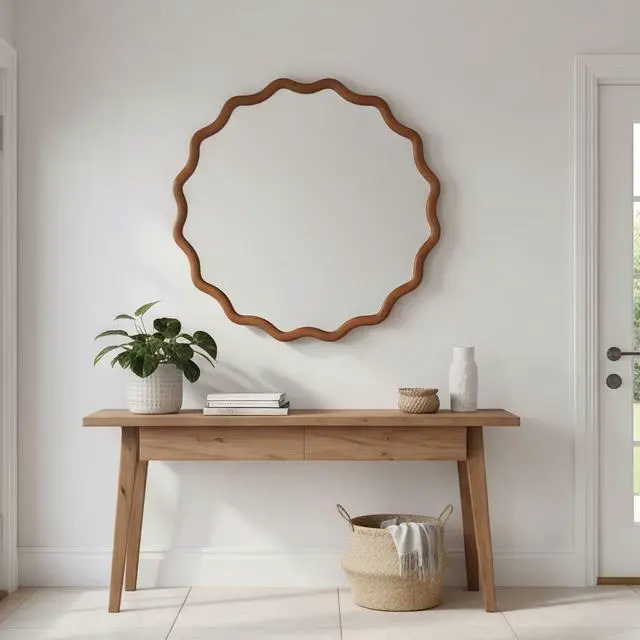 Alt view image 7 of 7 - Yellowish Brown 24 inch Wavy Round Solid Wood Frame Decorative Mirror,For Bedroom, Bathroom, Living Room, Entryway