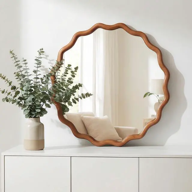 Alt view image 6 of 7 - Yellowish Brown 24 inch Wavy Round Solid Wood Frame Decorative Mirror,For Bedroom, Bathroom, Living Room, Entryway