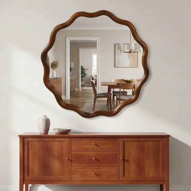 Alt view image 4 of 7 - Black Walnut Color 24 inch Wavy Round Solid Wood Frame Decorative Mirror,For Bedroom, Bathroom, Living Room, Entryway(Black Walnut Wood Color)Black