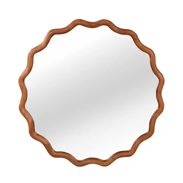 Alt view image 5 of 7 - Yellowish Brown 24 inch Wavy Round Solid Wood Frame Decorative Mirror,For Bedroom, Bathroom, Living Room, Entryway