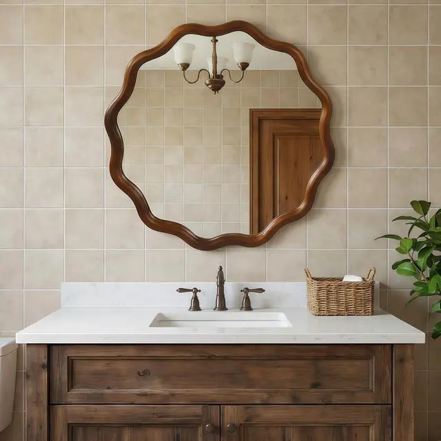 Alt view image 3 of 7 - Black Walnut Color 24 inch Wavy Round Solid Wood Frame Decorative Mirror,For Bedroom, Bathroom, Living Room, Entryway(Black Walnut Wood Color)Black
