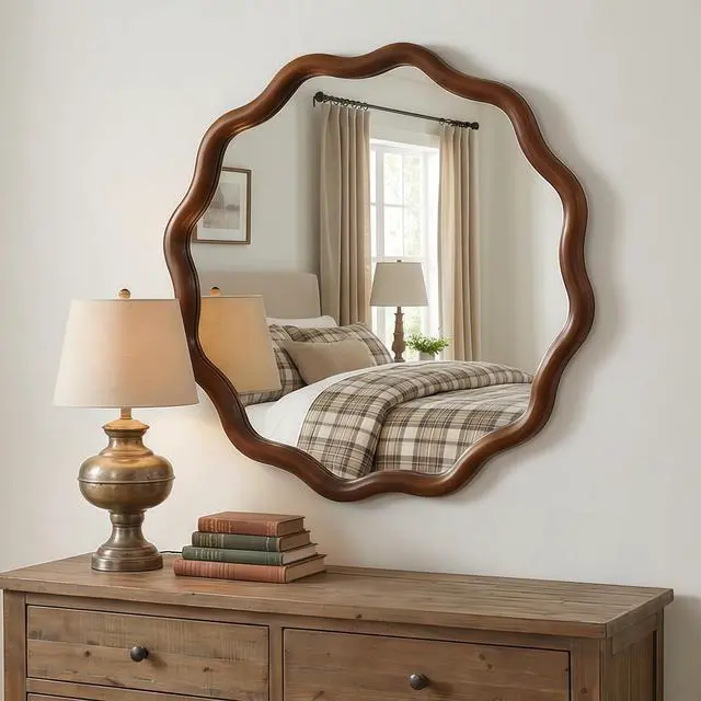 Alt view image 2 of 7 - Black Walnut Color 24 inch Wavy Round Solid Wood Frame Decorative Mirror,For Bedroom, Bathroom, Living Room, Entryway(Black Walnut Wood Color)Black