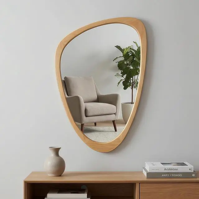 Alt view image 2 of 7 - OAK Color 20"x30" Irregular Solid Wood Frame Decorative Mirror,For Bedroom, Bathroom, Living Room, Entryway