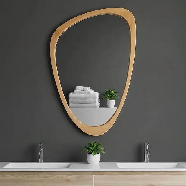 Alt view image 4 of 7 - OAK Color 20"x30" Irregular Solid Wood Frame Decorative Mirror,For Bedroom, Bathroom, Living Room, Entryway