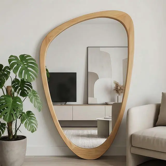 Alt view image 3 of 7 - OAK Color 20"x30" Irregular Solid Wood Frame Decorative Mirror,For Bedroom, Bathroom, Living Room, Entryway