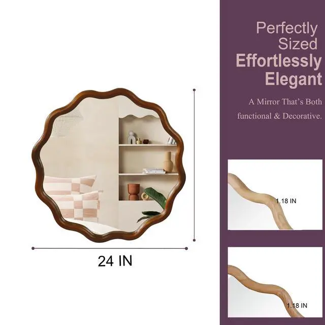Alt view image 5 of 7 - Black Walnut Color 24 inch Wavy Round Solid Wood Frame Decorative Mirror,For Bedroom, Bathroom, Living Room, Entryway(Black Walnut Wood Color)Black