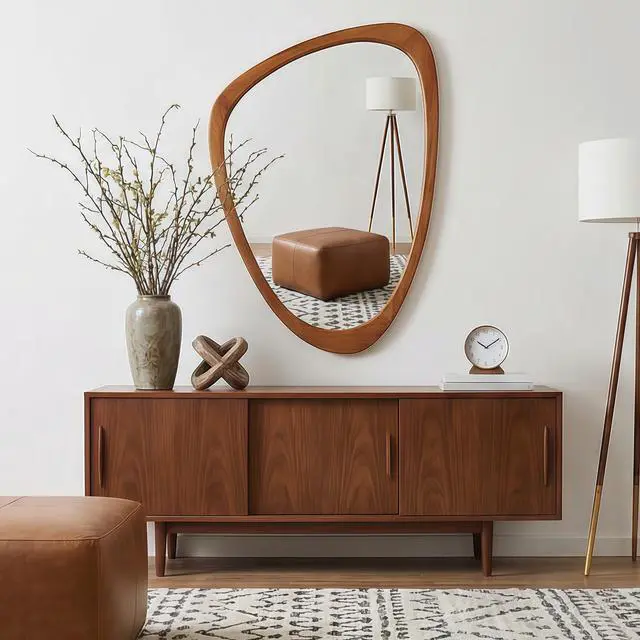 Alt view image 2 of 7 - Yellowish Brown 20"x30" Irregular Solid Wood Frame Decorative Mirror,For Bedroom, Bathroom, Living Room, Entryway
