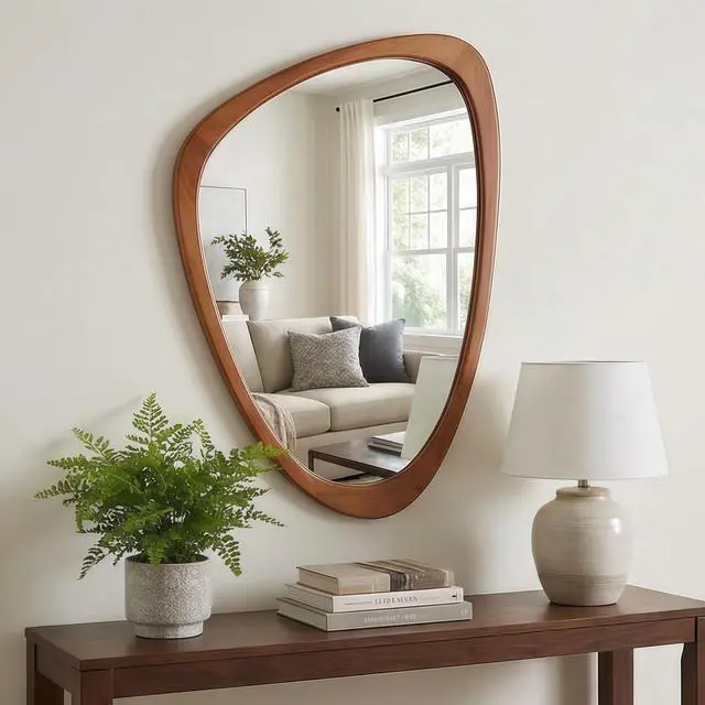 Alt view image 3 of 7 - Yellowish Brown 20"x30" Irregular Solid Wood Frame Decorative Mirror,For Bedroom, Bathroom, Living Room, Entryway