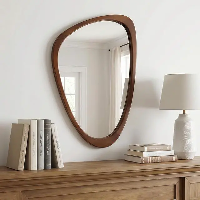 Alt view image 3 of 7 - Black Walnut Color 20"x30" Irregular Solid Wood Frame Decorative Mirror,For Bedroom, Bathroom, Living Room, Entryway